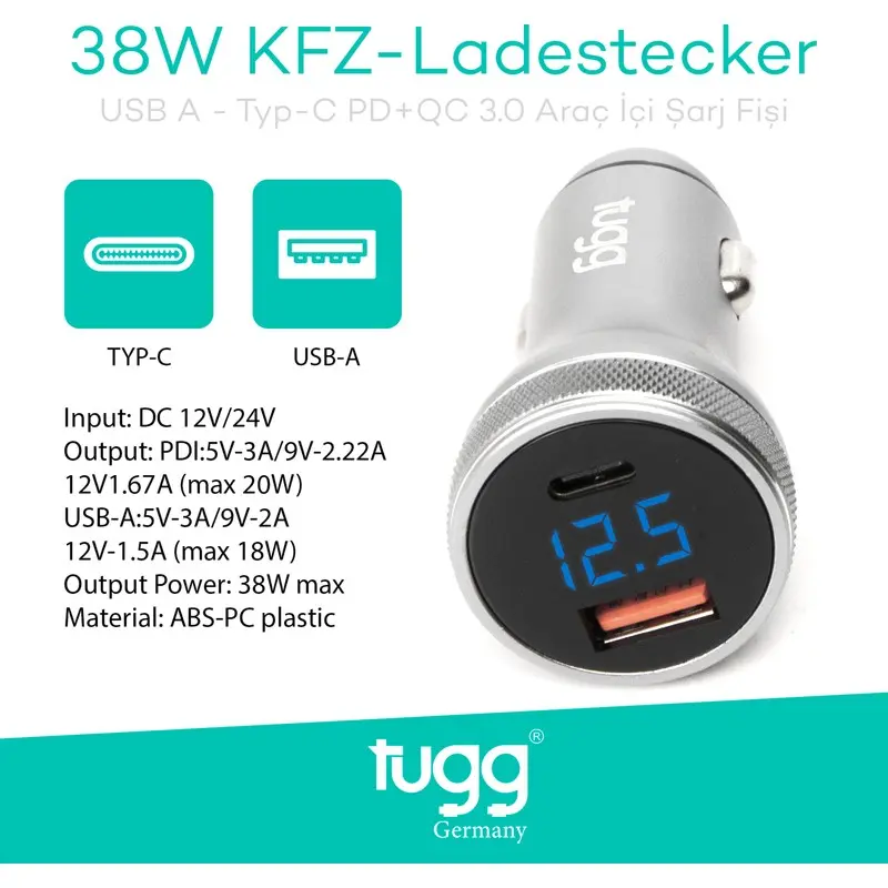 Tugg 104500 Germany Araç Şarj Cihazı Turbo Hızlı Çift Girişli 38 Watt